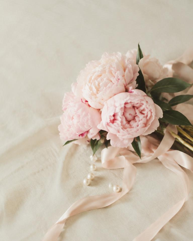 pink peonies with pearls and satin ribbon